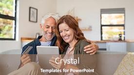  Presentation with online payment - Slide set having happy-mature-couple-sitting background and a coral colored foreground