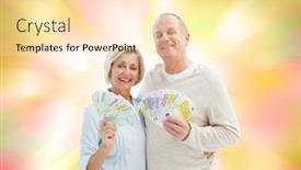  Presentation with pink girly - Cool new PPT theme with happy mature couple smiling at camera showing money against girly pink and yellow pattern backdrop and a lemonade colored foreground