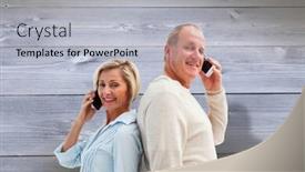  Presentation with bleached - PPT layouts with happy mature couple talking on their phones against bleached wooden planks background background and a light gray colored foreground