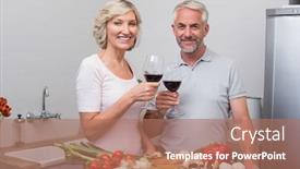  Presentation with toasting - Amazing slide set having happy mature couple toasting wine glasses while preparing food in the kitchen at home backdrop and a coral colored foreground