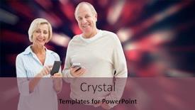  Presentation with smartphones - Presentation enhanced with happy mature couple using their smartphones against valentines heart pattern background and a violet colored foreground