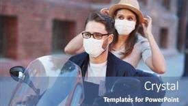  Presentation with masks - Presentation featuring happy-mature-couple-wearing-masks background and a ocean colored foreground