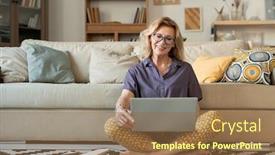  Presentation with cross - Presentation design having happy-mature-cross-legged-female background and a tawny brown colored foreground