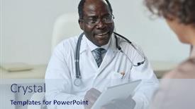  Presentation with personal data - Presentation theme featuring happy-mature-doctor-with-tablet background and a sky blue colored foreground