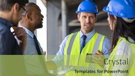  Presentation with safety work - Cool new slide deck with happy-mature-engineer-discussing backdrop and a yellow colored foreground