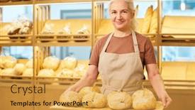  Presentation with apron - PPT theme having happy-mature-female-baker background and a yellow colored foreground