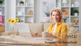  Presentation with front desk - Cool new slide deck with happy-mature-female-in-casualwear backdrop and a coral colored foreground