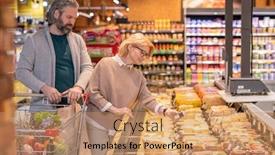  Presentation with products supermarket - Slide set with happy-mature-female-taking-packed background and a coral colored foreground