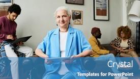  Presentation with intercultural - Slides enhanced with happy-mature-grey-haired-female background and a  colored foreground