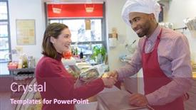  Presentation with butcher - Audience pleasing slide deck consisting of happy mature male butcher selling fresh meat to female customer backdrop and a tawny brown colored foreground