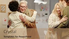  Presentation with meeting table - PPT layouts with happy-mature-man-and-woman background and a coral colored foreground