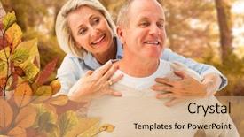  Presentation with tranquil - Cool new theme with happy mature man giving piggy back to partner against tranquil autumn scene in forest backdrop and a coral colored foreground