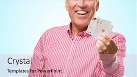  Presentation with playing cards - Theme enhanced with happy mature man holding playing cards against a blue background background and a lemonade colored foreground