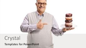 Presentation with donuts chocolate - PPT theme having happy-mature-man-holding background and a light gray colored foreground