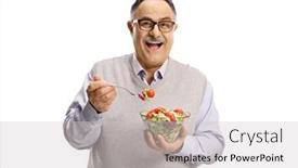  Presentation with eating - Slide deck having happy-mature-man-standing background and a light gray colored foreground