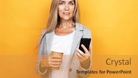  Presentation with 60s - Colorful slide set enhanced with happy-mature-old-60s-woman backdrop and a gold colored foreground