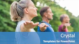  Presentation with exercise class - Presentation design having happy mature people doing yoga background and a teal colored foreground