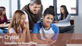  Presentation with desktop - Cool new slides with happy mature teacher and students backdrop and a coral colored foreground