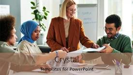  Presentation with language english - Slides having happy-mature-teacher-passing-papers background and a coral colored foreground