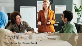  Presentation with new teacher - Presentation theme consisting of happy-mature-teacher-standing background and a coral colored foreground