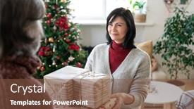  Presentation with christmas presents - Presentation design consisting of happy-mature-woman-giving-packed background and a tawny brown colored foreground