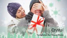  Presentation with snowflakes - Theme consisting of happy mature woman hiding gift from partner against snowflakes and fir trees in green background and a mint green colored foreground