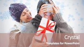  Presentation with falling snow - Audience pleasing slides consisting of happy mature woman hiding gift from partner against snow falling backdrop and a coral colored foreground