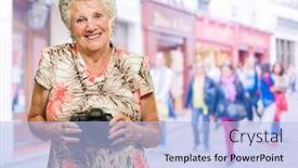  Presentation with camera - Presentation theme featuring happy mature woman holding camera outdoors background and a light blue colored foreground