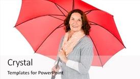  Presentation with holding hotdog - Beautiful theme featuring happy mature woman holding umbrella backdrop and a white colored foreground