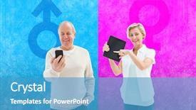  Presentation with gender - Colorful PPT layouts enhanced with happy mature woman pointing to tablet pc against female gender symbol backdrop and a teal colored foreground