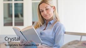  Presentation with storybook - Slide deck with happy mature woman reading storybook background and a light blue colored foreground