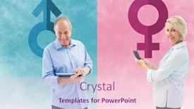  Presentation with gender - Colorful PPT theme enhanced with happy mature woman sending a text against female gender symbol backdrop and a lemonade colored foreground