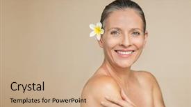  Presentation with aged care - Slide deck featuring happy mature woman with frangipani background and a coral colored foreground