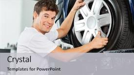  Presentation with tire - PPT layouts with happy mechanic fixing hubcap background and a light gray colored foreground