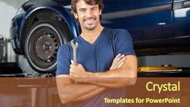  Presentation with mechanic shop - Audience pleasing slides consisting of happy mechanic standing arms crossed at repair shop backdrop and a red colored foreground