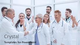  Presentation with shaking hands - Amazing PPT theme having happy-medical-colleagues-shaking-hands backdrop and a light blue colored foreground