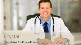  Presentation with intern - Cool new PPT theme with happy medical intern doctor sitting in office backdrop and a soft green colored foreground