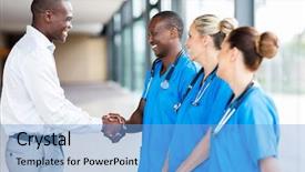  Presentation with hospital - Audience pleasing slide deck consisting of happy medical rep handshaking backdrop and a light blue colored foreground