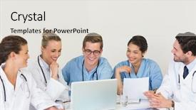  Presentation with medical laptop - Presentation theme consisting of happy medical team discussing background and a light gray colored foreground