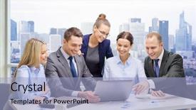  Presentation with team discussion - Colorful PPT layouts enhanced with happy meeting - business technology teamwork and people backdrop and a light blue colored foreground