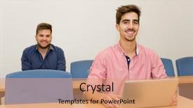  Presentation with two men on a judo - Slide deck having happy men at the classroom background and a coral colored foreground