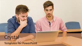  Presentation with two men climbing - Presentation theme with happy men at the classroom background and a coral colored foreground