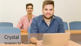  Presentation with classroom - Colorful PPT theme enhanced with happy men at the classroom backdrop and a coral colored foreground