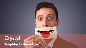  Presentation with funny - PPT layouts enhanced with happy men holding card with funny smiley on gradient background background and a coral colored foreground