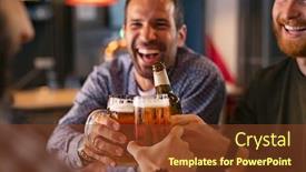  Presentation with cold beer - Audience pleasing theme consisting of happy-mid-adult-friends-clinking backdrop and a tawny brown colored foreground