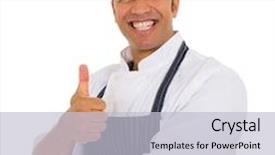  Presentation with butcher - Amazing slide deck having happy mid age butcher thumb up backdrop and a light gray colored foreground
