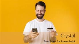  Presentation with man holding phone - Amazing presentation having happy-mid-aged-brunette-bearded backdrop and a yellow colored foreground