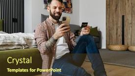  Presentation with man holding phone - Slide deck having happy-mid-aged-brunette-bearded background and a tawny brown colored foreground