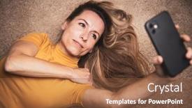  Presentation with smart home - PPT theme enhanced with happy-mid-aged-woman-taking background and a tawny brown colored foreground