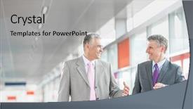  Presentation with railroad - Amazing theme having happy middle aged businessmen talking while walking in railroad station backdrop and a light gray colored foreground
